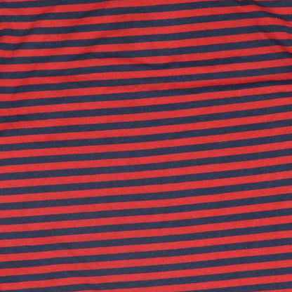 Brand and care label for C&A women’s red striped polyester basic t-shirt, size UK 10, collared -, size UK 10-12