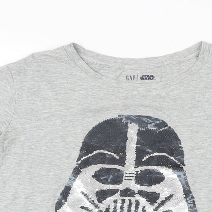 Close-up detail of Gap girls’ grey cotton basic t-shirt, size 2XL, round neck pullover - star wars