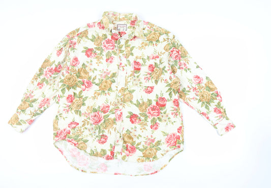 Spirit House Womens Beige Floral Cotton Basic Button-Up Size L Collared - Vintage
