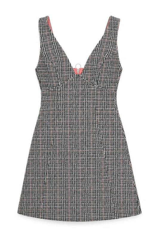 TOPS Womens Grey Plaid Cotton Pinafore/Dungaree Dress Size 6 V-Neck Zip