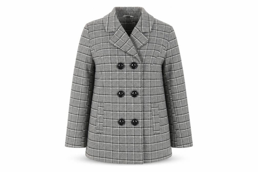 Classic Womens Grey Plaid Pea Coat Coat Size 14 Button