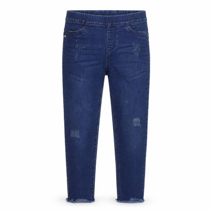 Front view of Denim & Co. girls’ blue cotton jegging jeans, size 8-9, years regular pullover