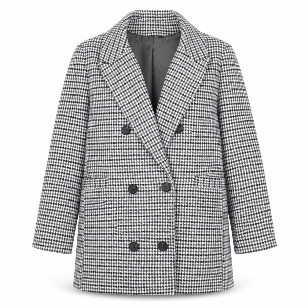 Marks and Womens Grey Check Pea Coat Coat Size 16 Button - Houndstooth Double Breasted