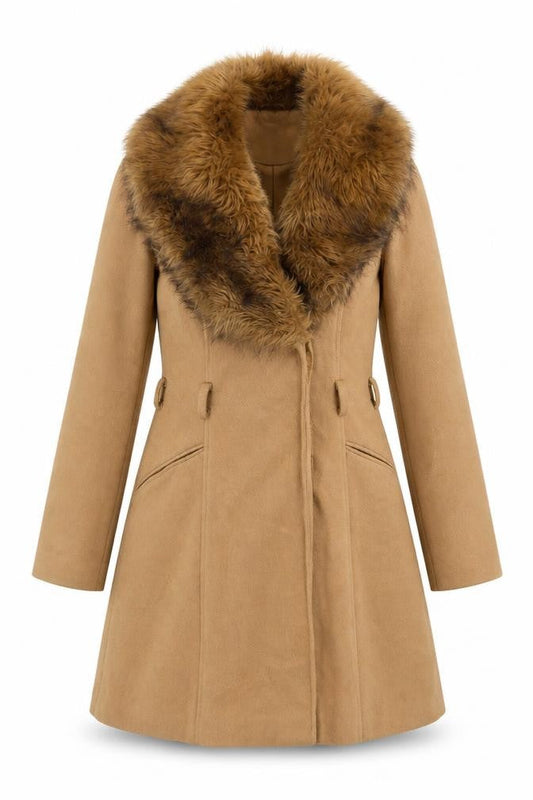 Front view of Miss Selfridge women’s brown overcoat coat, size UK 8, button - faux fur collar