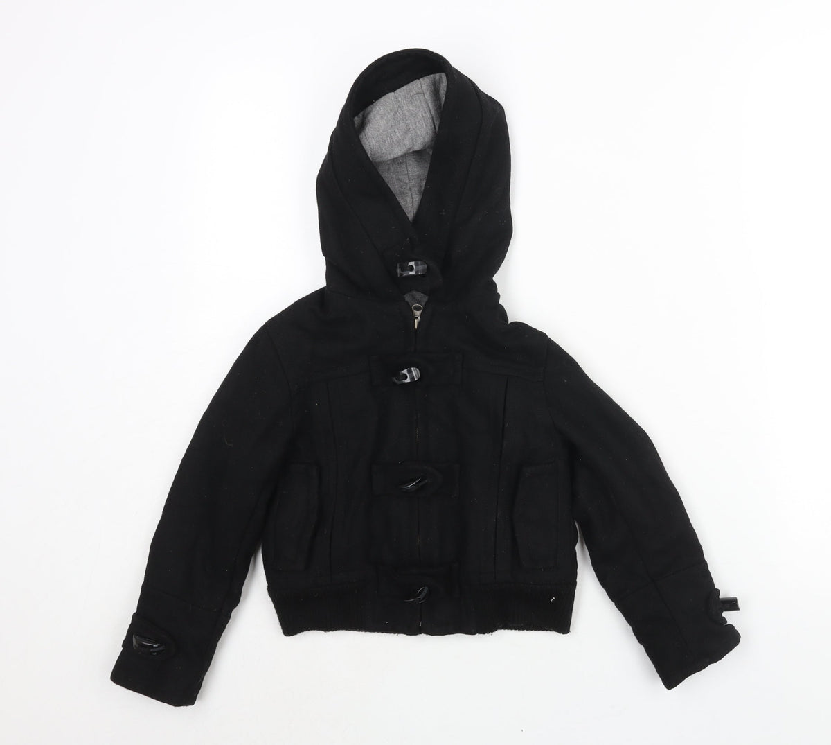 Additional front view of Zara boys’ black bomber jacket jacket, size 4-5, years zip - toggle hooded