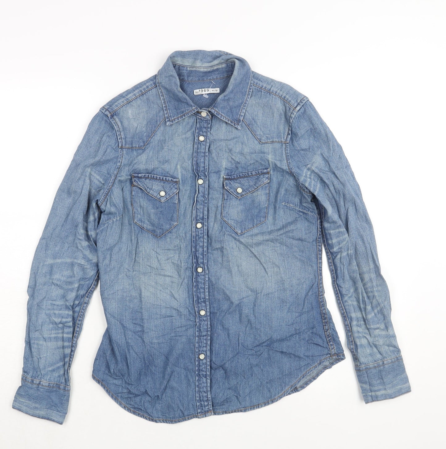 Gap Womens Blue Cotton Basic Button-Up Size XS Collared - Distressed