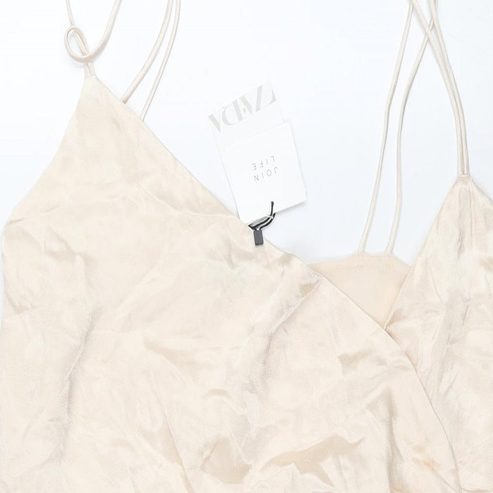 Zara Womens Ivory Viscose Wrap Dress Size 2XL V-Neck Tie
