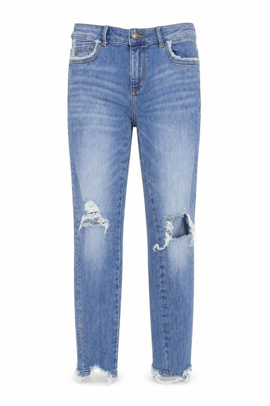 Zara Womens Blue Cotton Blend Tapered Jeans Size 6 L25.5 in Regular Zip - Raw Hem