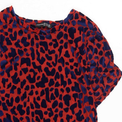 Close-up detail of Atmosphere women’s red polyester basic t-shirt, size UK 10, crew neck