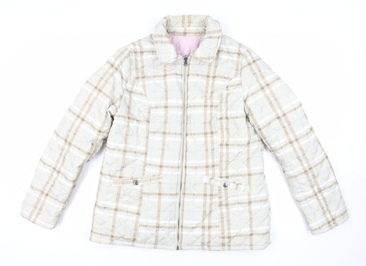 Damart Womens Beige Plaid Quilted Jacket Size 14 Zip - Reversible