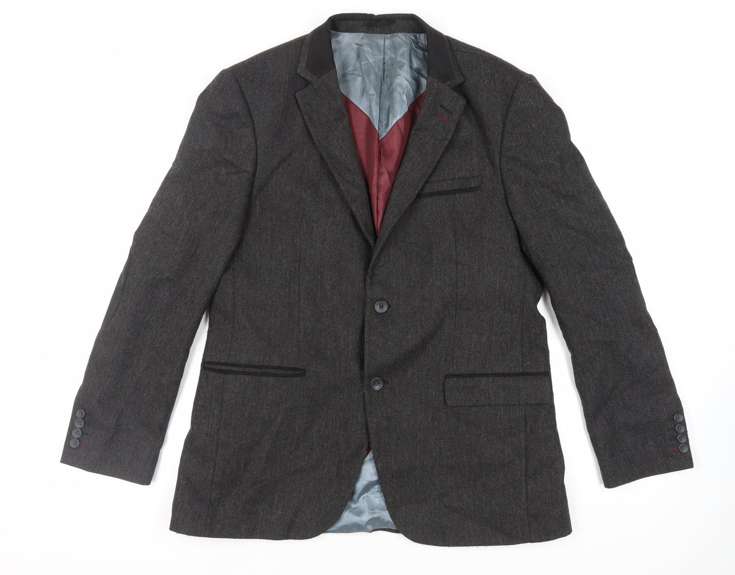 Steel & Jelly Mens Grey Herringbone Wool Tuxedo Blazer Size 44 Regular