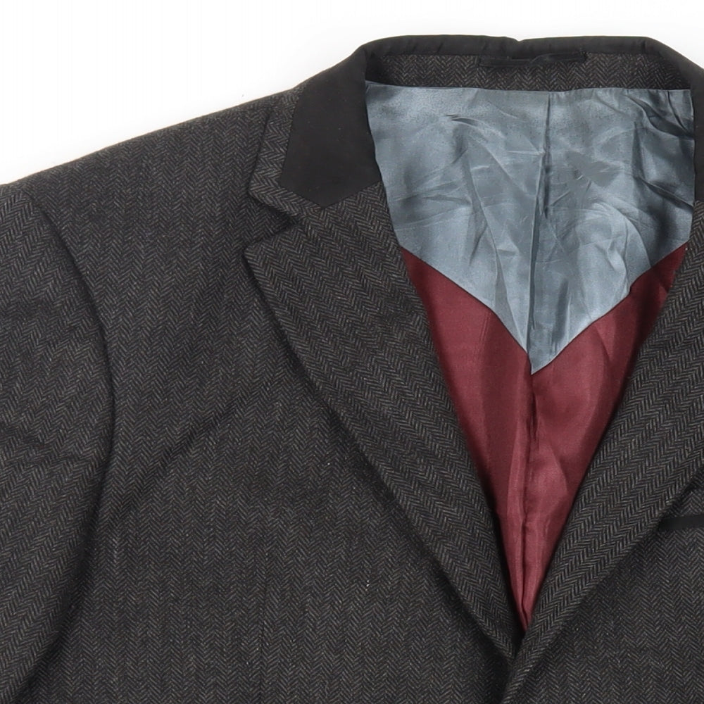 Steel & Jelly Mens Grey Herringbone Wool Tuxedo Blazer Size 44 Regular