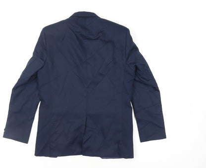 Back view of Romario boys’ blue jacket blazer, size 12, years button