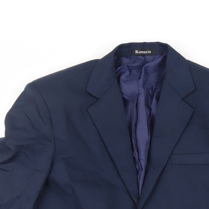 Close-up detail of Romario boys’ blue jacket blazer, size 12, years button