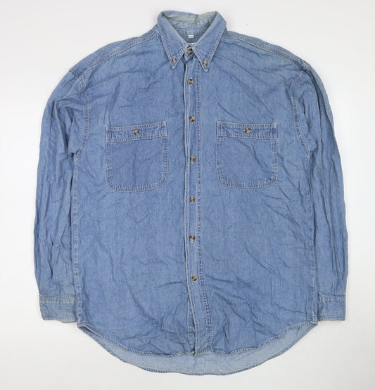 New Fast Mens Blue Cotton Button-Up Size M Collared Button