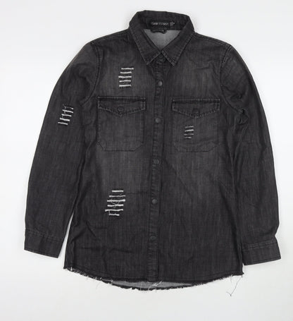 Additional front view of I SAW IT FIRST women’s black cotton basic button-up, size UK 8, collared