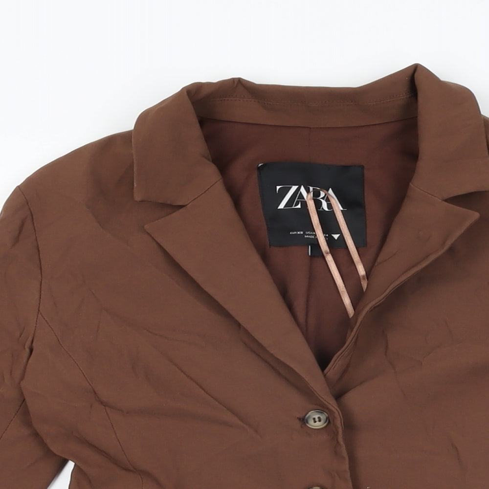 Zara Womens Brown Viscose Basic Button-Up Size XS Collared