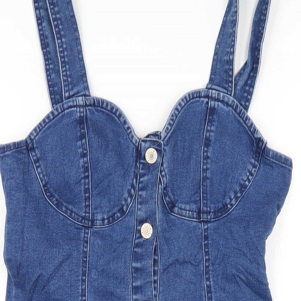 QED London Womens Blue Cotton Bodycon Size 10 Sweetheart Button