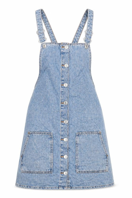 Denim & Co. Womens Blue Cotton Pinafore/Dungaree Dress Size 10 Square Neck Buckle