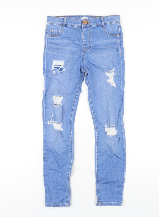 River Island Girls Blue Cotton Skinny Jeans Size 9 Years L24 in Regular Zip