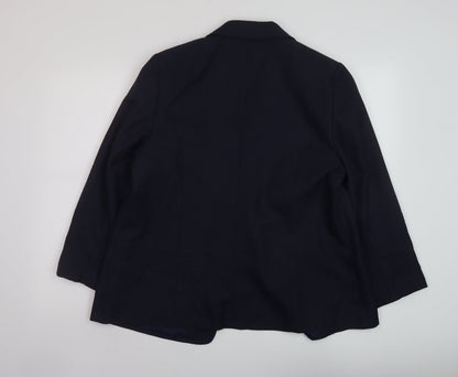 Back view of EMW women’s blue jacket, size UK 18, hook & eye