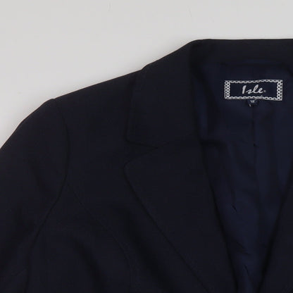 Close-up detail of EMW women’s blue jacket, size UK 18, hook & eye