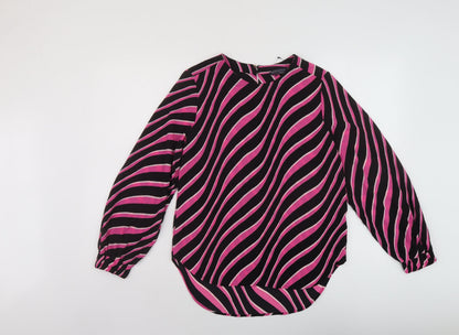 Marks & Spencer Womens Beige Striped Polyester Basic Blouse Size 6 Round Neck