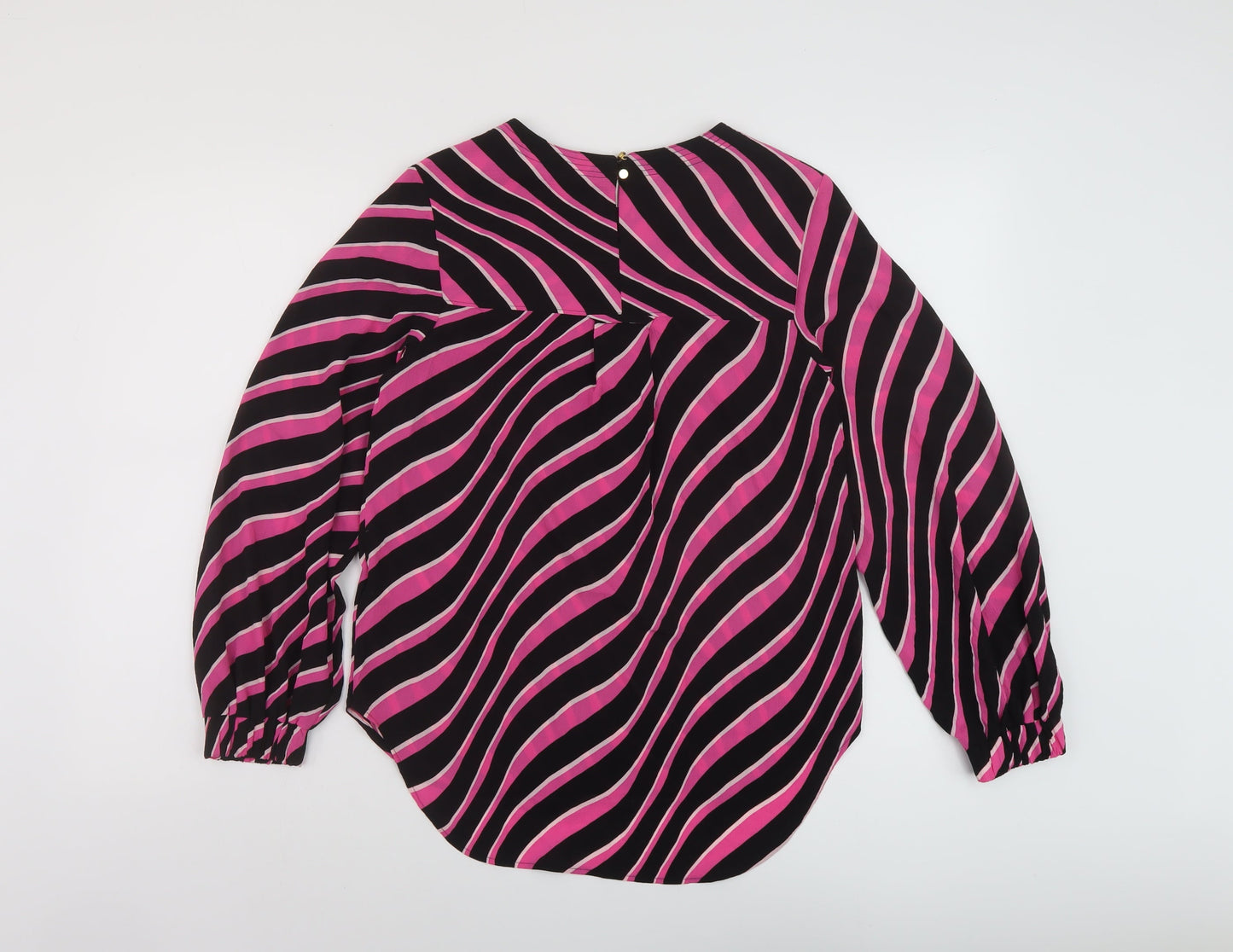 Marks and Spencer Womens Beige Striped Polyester Basic Blouse Size 6 Round Neck