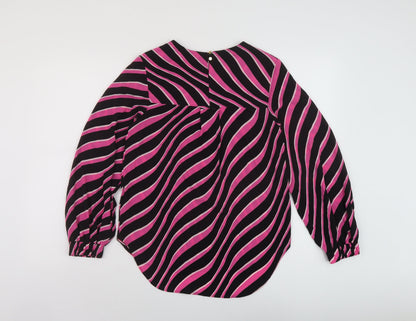 Marks & Spencer Womens Beige Striped Polyester Basic Blouse Size 6 Round Neck