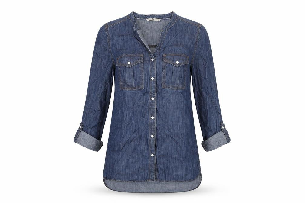 TU Womens Blue Cotton Basic Button-Up Size 8 V-Neck