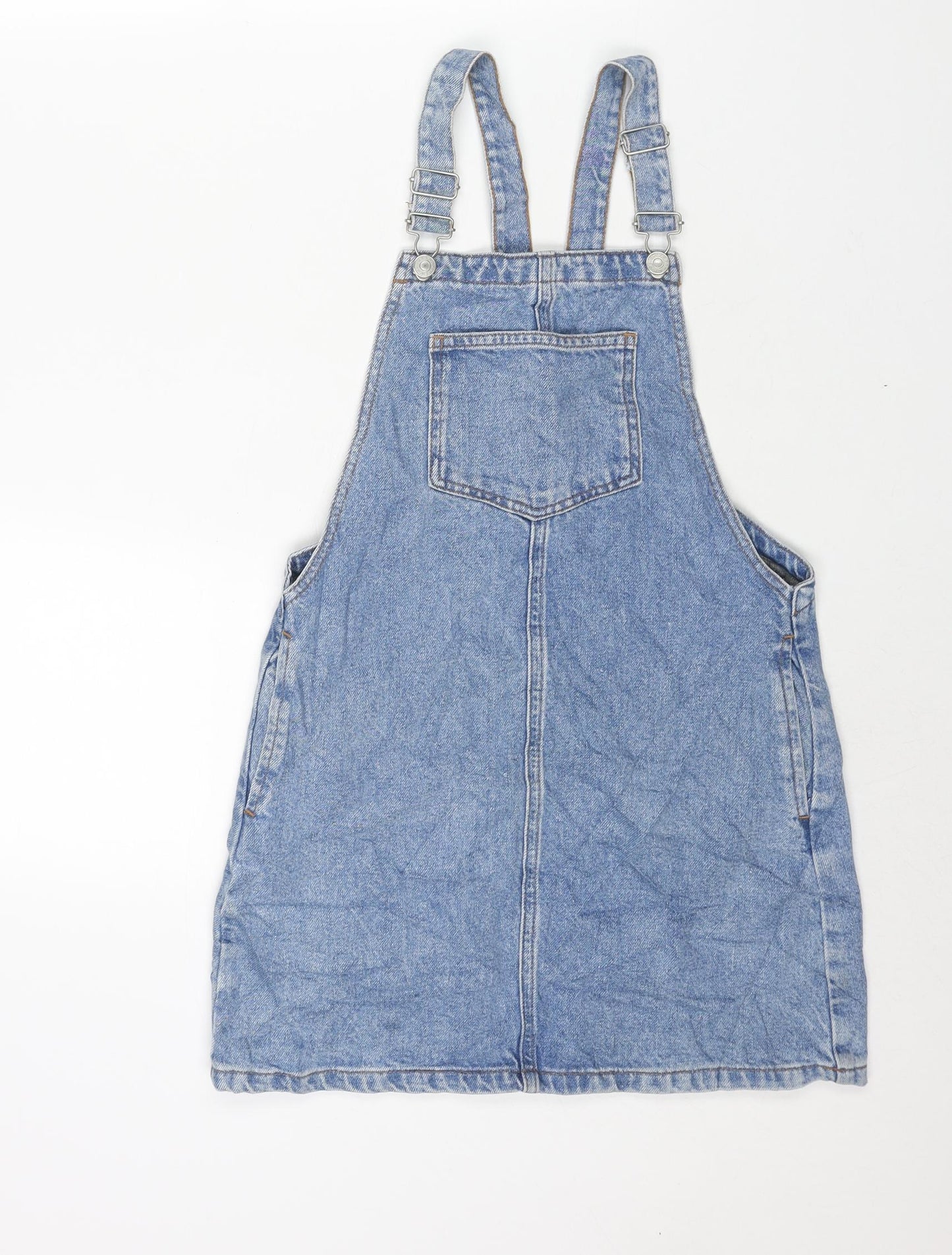 Topshop Womens Blue Cotton Pinafore/Dungaree Dress Size 6 Square Neck Buckle