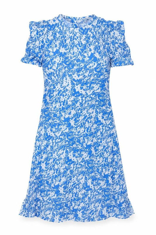 Marks & Spencer Womens Blue Geometric Viscose Shift Size 8 V-Neck Zip - Rouched Sleeve
