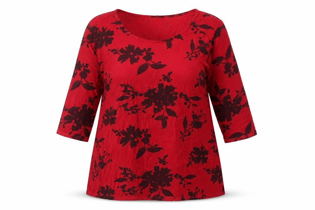C.M.D Womens Red Floral Viscose Basic Blouse Size XL Round Neck