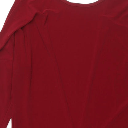Close-up detail of ASOS women’s red polyester shift, size UK 10, boat neck pullover - low cut back