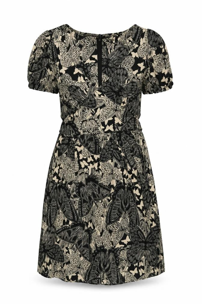 Dorothy Perkins Womens Black Geometric Cotton A-Line Size 6 V-Neck Zip - Belted Leaf Print