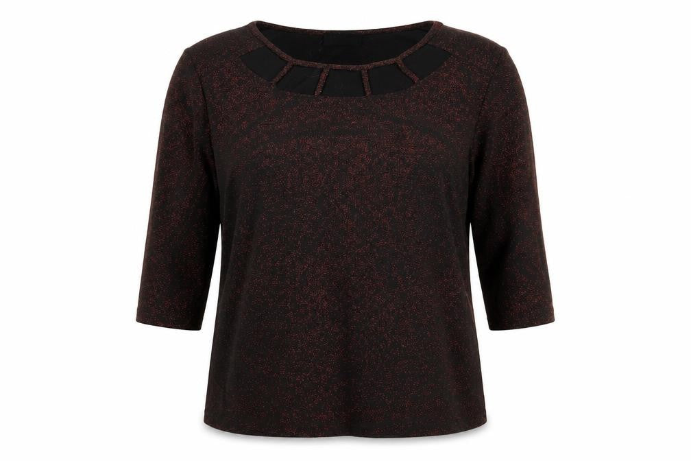 Klass Womens Black Polyester Basic Blouse Size L Round Neck - Red Glitter Cut Out