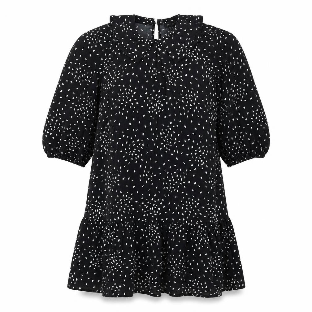 New Look Womens Black Geometric Polyester Shift Size 6 Collared Zip - Frill Smocked