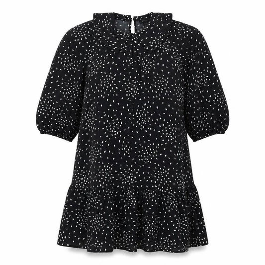 New Look Womens Black Geometric Polyester Shift Size 6 Collared Zip - Frill Smocked