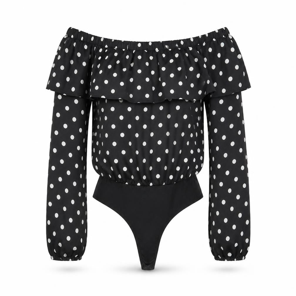 Missguided Womens Black Polka Dot Polyester Bodysuit One-Piece Size 6 Snap - Frill