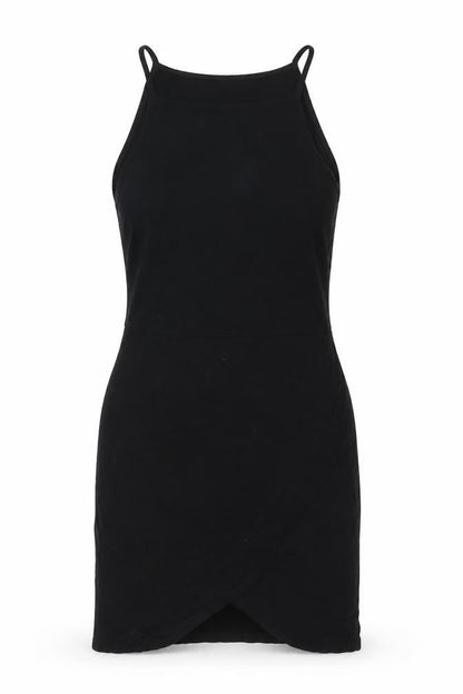 Front view of ASOS women’s black viscose shift, size UK 10, square neck pullover - wrap style