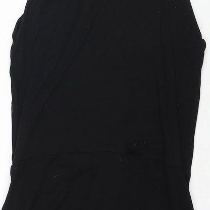 Brand and care label for ASOS women’s black viscose shift, size UK 10, square neck pullover - wrap style