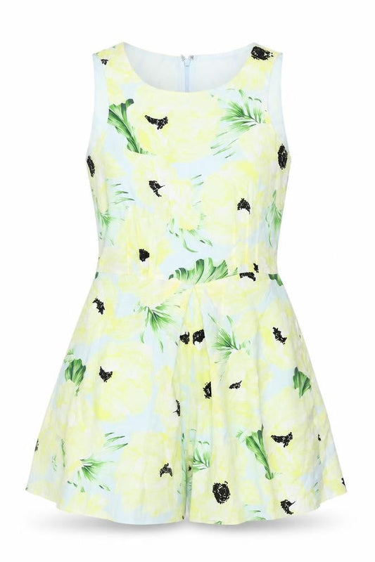 Front view of French Connection women’s multicoloured floral polyester playsuit one-piece, size UK 8, 7-inch leg zip