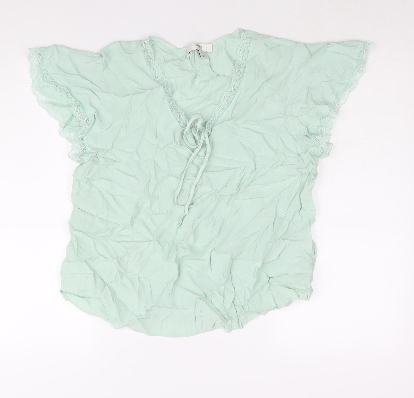 Marks and Spencer Womens Green Viscose Basic Blouse Size 14 V-Neck - Lace Trim