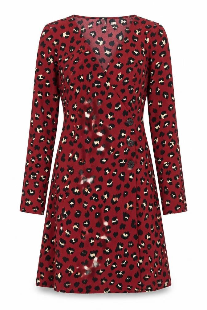 Divided by H&M Womens Red Animal Print Polyester A-Line Size 8 V-Neck Button - Leopard Print