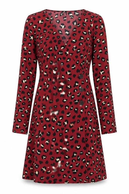 Divided by H&M Womens Red Animal Print Polyester A-Line Size 8 V-Neck Button - Leopard Print