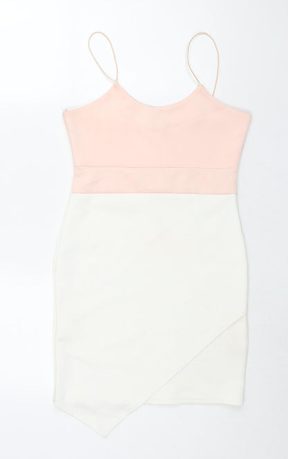 Additional front view of Misguided women’s pink colourblock polyester mini, size UK 10, scoop neck pullover
