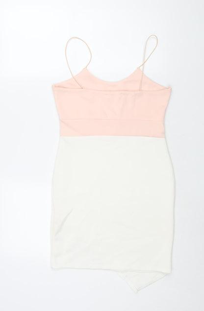 Back view of Misguided women’s pink colourblock polyester mini, size UK 10, scoop neck pullover