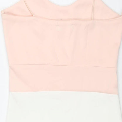 Brand and care label for Misguided women’s pink colourblock polyester mini, size UK 10, scoop neck pullover