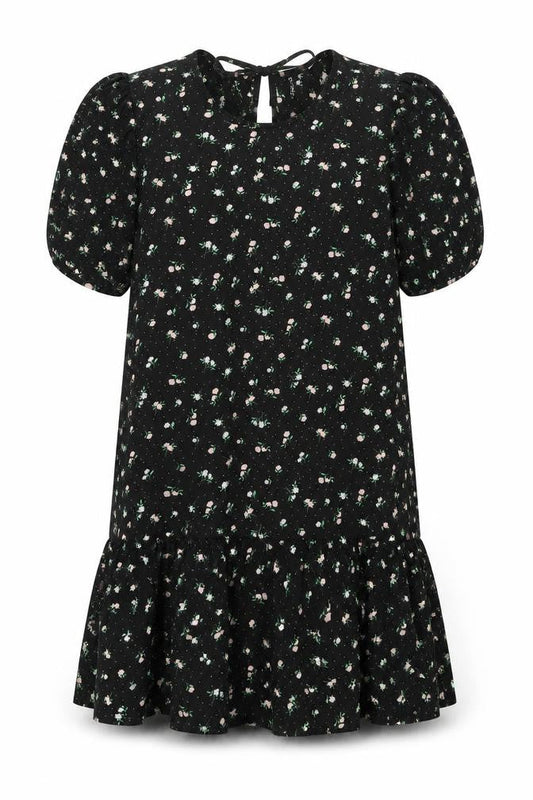 Divided by H&M Womens Black Floral Polyester Shift Size L Round Neck Tie - Smocked