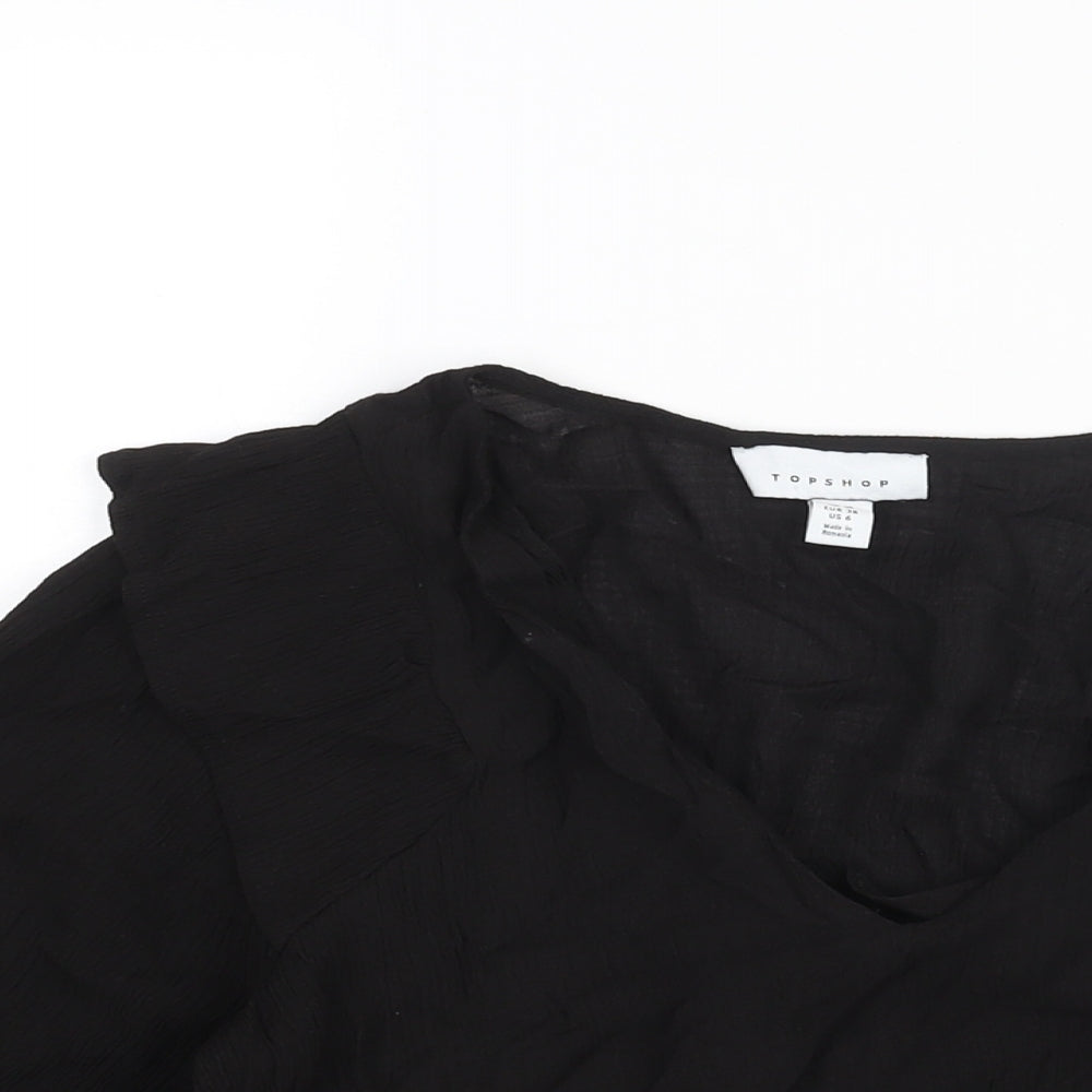 Topshop Womens Black Viscose Basic Blouse Size 10 V-Neck - Frill